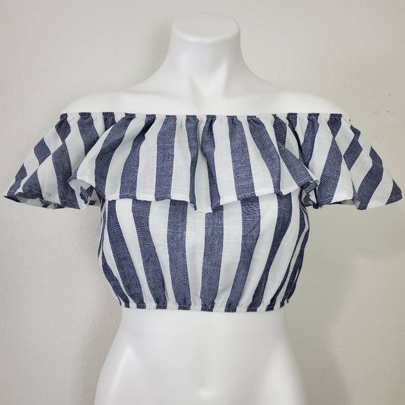 Zaful Tops - Zaful off the shoulder flounce striped crop top